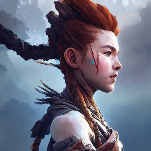 Image similar to wide shot, aloy from horizon zero dawn, digital art, highly detailed, digital painting, symmetry, concept art, sharp focus, illustration, art by artgerm! greg rutkowski magali villeneuve wlop! ilya kuvshinov!!, octane render