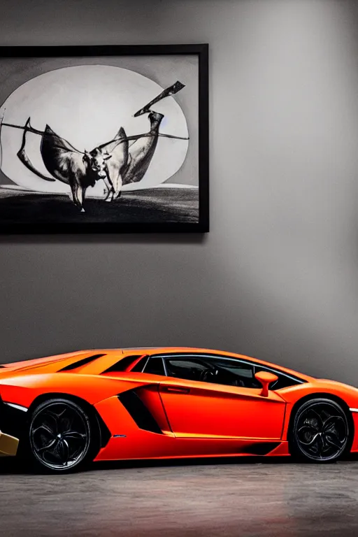 Image similar to Lamborghini Aventador with a vinyl wrap of a Dali Painting, studio lighting.