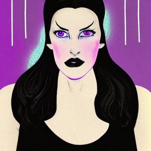 Prompt: portrait of woman wearing an elegant black dress and matte bold makeup, she has long hair and bright eyes, determined expression, illuminated by cyan and purple neon lights