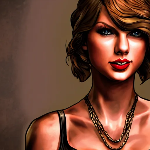 Image similar to taylor swift portrait, borderlands, tales from the borderlands, the wolf among us, comic, cinematic lighting, studio quality, 8 k