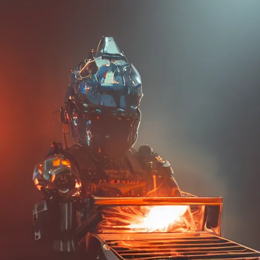 Image similar to toaster oven mecha head, dark messy smoke - filled cluttered workshop, dark, dramatic lighting, orange tint, sparks, cinematic, highly detailed, sci - fi, futuristic, movie still