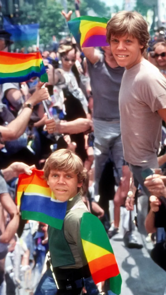 Prompt: rotj luke skywalker goes to pride, getty images, victorious, flags, parade, gay rights, bright smiles, daylight, twenty three year old luke skywalker at gay pride, 3 5 mm photography, very happy, smiling