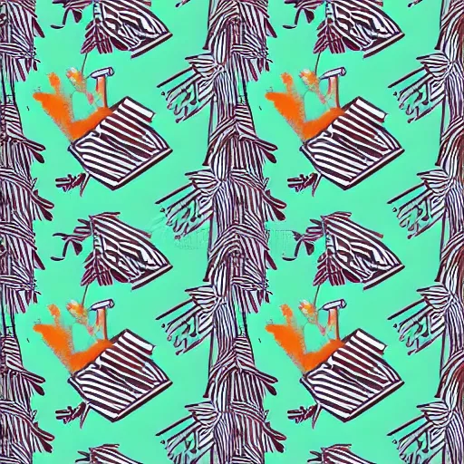 Image similar to tiger in the forest children drawing stripes orange sky palm tres sharp claws and teeth in geometric illustration style