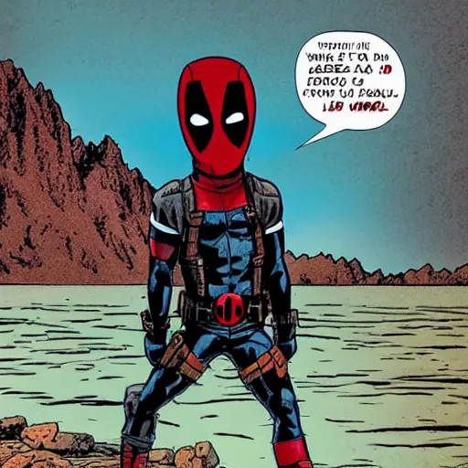 Image similar to deadpool sticking his head out of empty drained lake mead, with the words lake mead written across the top, in comic book style