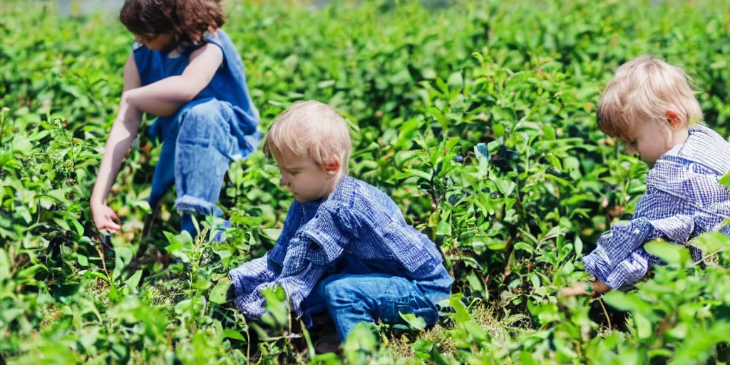 Image similar to a small child picking blueberries in a field on a bright and sunny morning