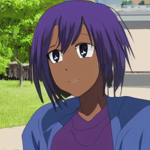 Image similar to a dark skinned anime tomboy with short purple hair