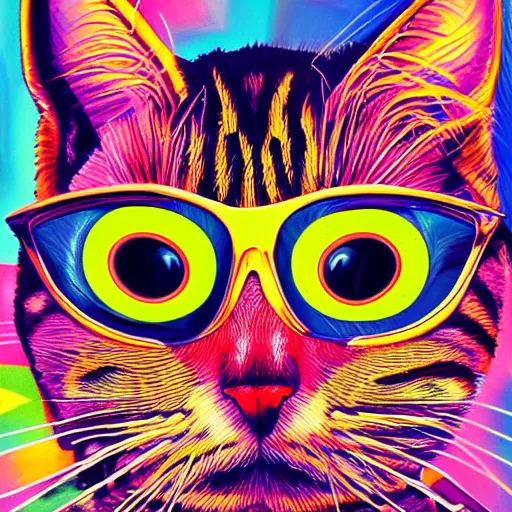 Image similar to portrait of a cat in the movie fear and loathing in las vegas, extremely detailed, psychedelic, trippy, digital painting, centered, vertical symmetry, trending, artstation