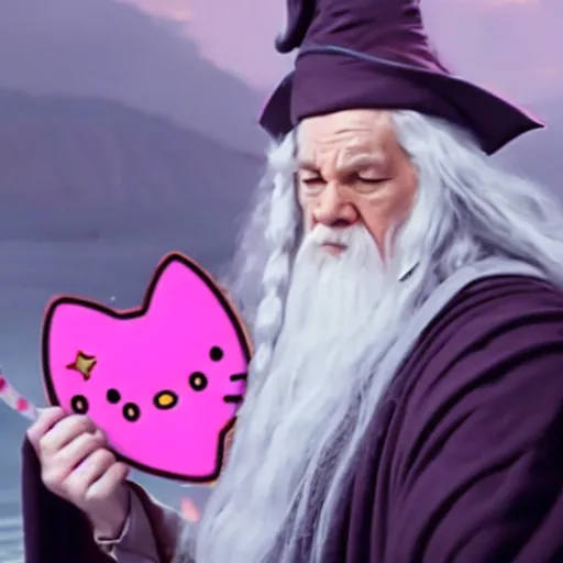 Prompt: portrait of gandalf, Hello Kitty headgear, holding a blank playing card up to the camera, movie still from the lord of the rings