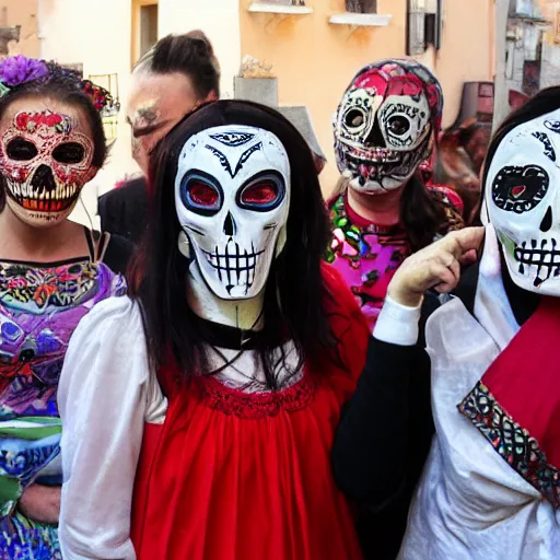 Image similar to women wearing la muerte mask and sardinian traditional female dress