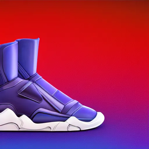Prompt: futuristic balenciaga and vetements sneakers on gradient background, ultra rendered extreme realism and detail, 8 k, highly detailed, realistic, completely framed, pbr, giger style, hyper realistic, photorealistic, sharp focus,