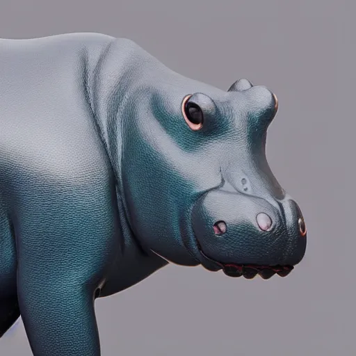 Prompt: a smooth glossy museum - quality hippopotamus made of polished wood and teal blue ceramic, hd photograph, matte gray background