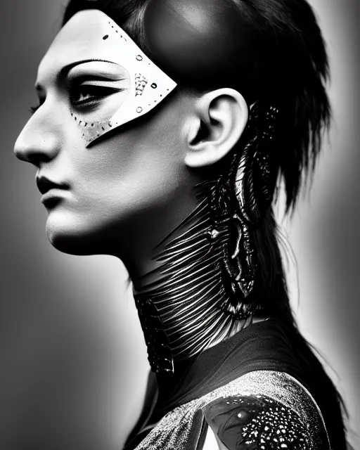 Image similar to a profile portrait, a stunning young woman - crow - cyborg, editorial photography, bw, shot on 7 0 mm, depth of field, f / 2. 8, high contrast, 1 6 k, volumetric lighting, shiny, insanely detailed and intricate, hypermaximalist, elegant, ornate, hyper realistic, super detailed