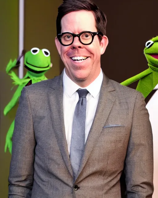 Image similar to ed helms with a suit as a muppet. highly detailed felt. hyper real photo. 4 k.