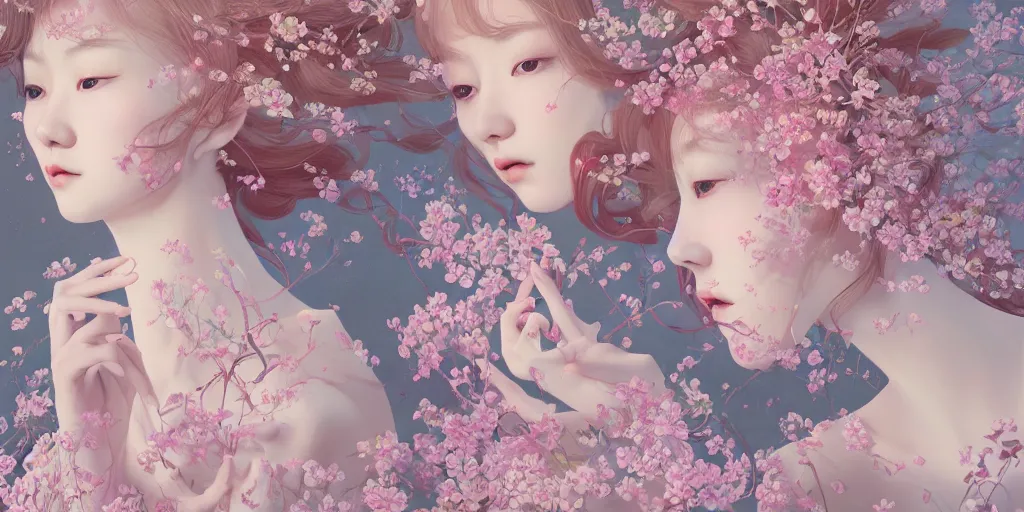Prompt: breathtaking delicate detailed concept art painting pattern amalgamation flowers and girls, by hsiao - ron cheng, bizarre compositions, exquisite detail, pastel colors, 8 k