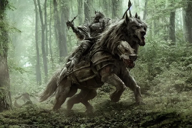 Image similar to vfx movie closeup detailed ancient armored warrior orc hunting riding large wolf in the forest, natural lighting by emmanuel lubezki