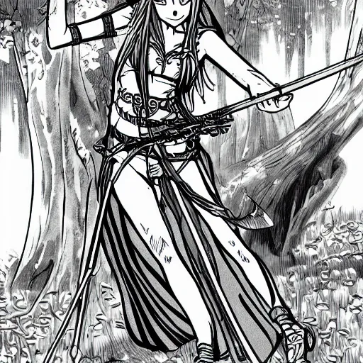 Image similar to female elven archer in forest, manga line art style, black and white art, by Eiichiro Oda