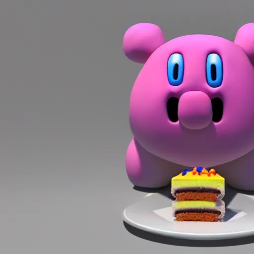 Prompt: a 3 d render of a morbidly obese kirby eating cake