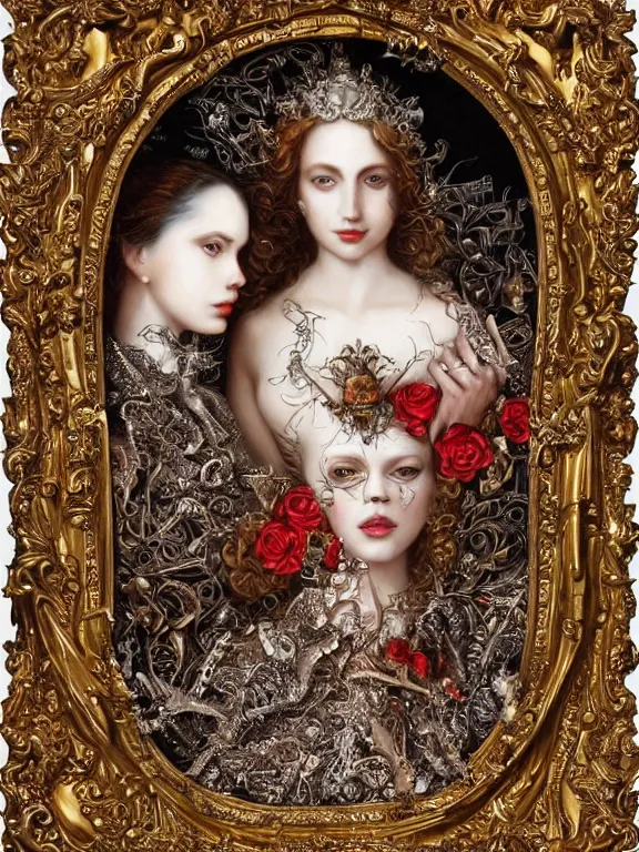 Image similar to a beautiful portrait render of two red veiled queen with baroque symmetry intricate detailed ,heart,pray,love,crystal-embellished,by Daveed Benito,LEdmund Leighton,Virginie Ropars,peter gric,aaron horkey,Billelis,trending on pinterest,hyperreal,gold,silver,ivory,maximalist,glittering,golden ratio,cinematic lighting