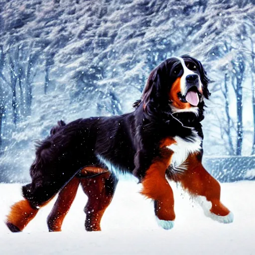 Image similar to girl riding giant Bernese Mountain Dog in the snow, trending on artstation