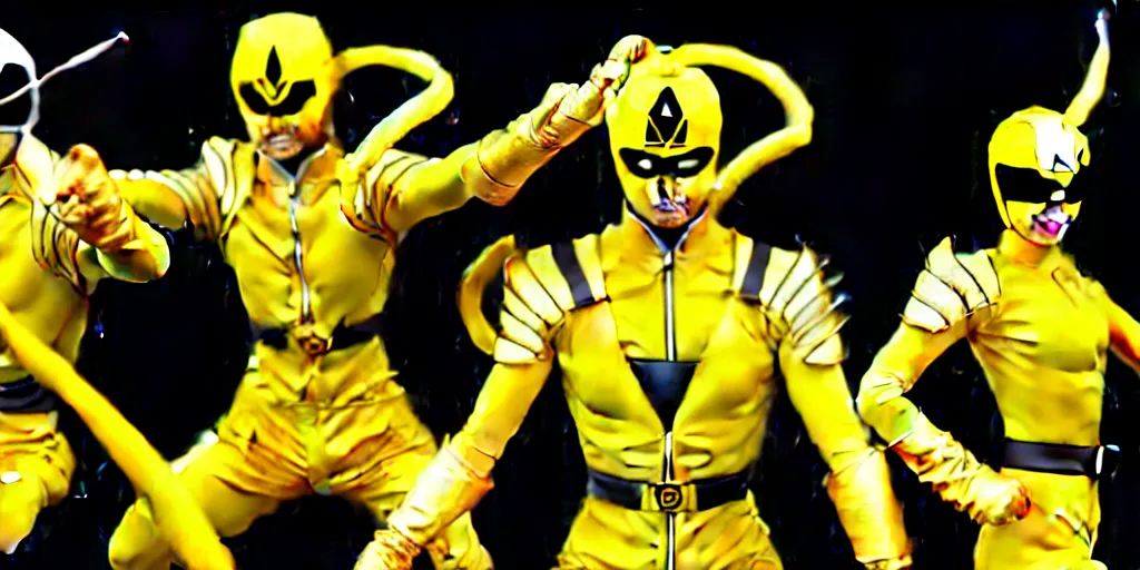 Image similar to symmetry!! yellow ranger, samurai, asian, artstation, art by murata, art by oda echiiro, lightning helmet, 3 d, jumpsuit, tracksuit, yellow, gloves, logo