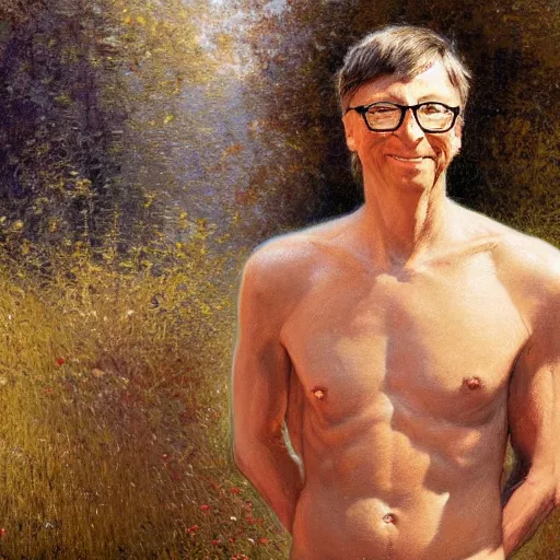 Image similar to Bill Gates with an shredded, toned, inverted triangle body type, painting by Gaston Bussiere, Craig Mullins, XF IQ4, 150MP, 50mm, F1.4, ISO 200, 1/160s, natural light