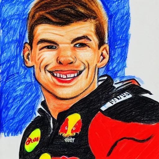 Image similar to a badly drawn picture of max verstappen, caricature, crayon art, bad, beginner art