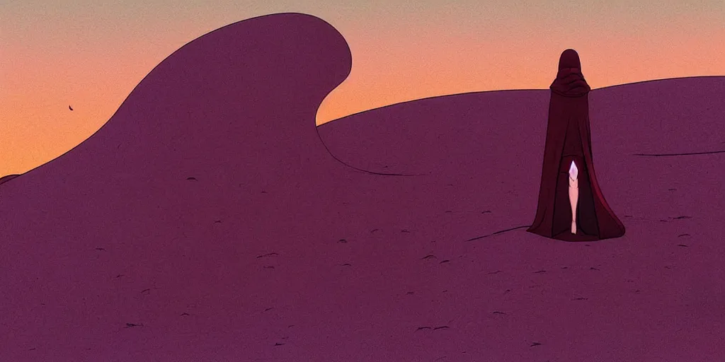 Image similar to android in cloak standing in dunes illustration by moebius