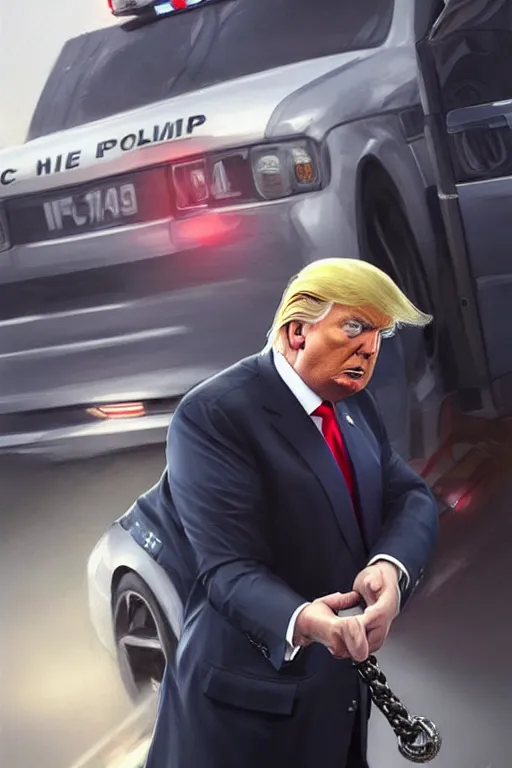 Image similar to donald trump being handcuffed in front of a police car, elegant, real life skin, intricate, high detailed, artstation, concept art, smooth, sharp focus, art by artgerm and greg rutkowski