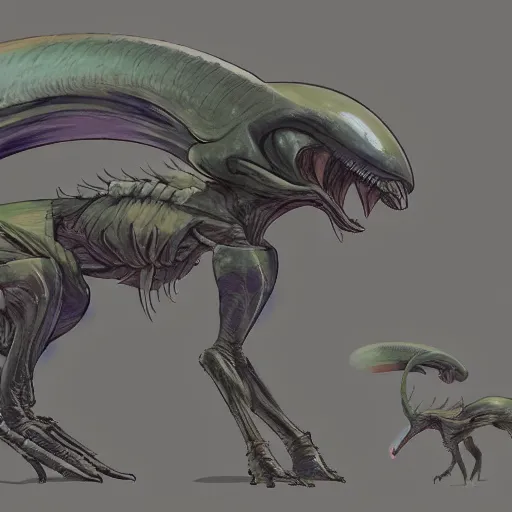 Image similar to concept art painting of an alien animal creature, detailed, cel shaded, in the style of makoto shinkai and moebius and james gurney