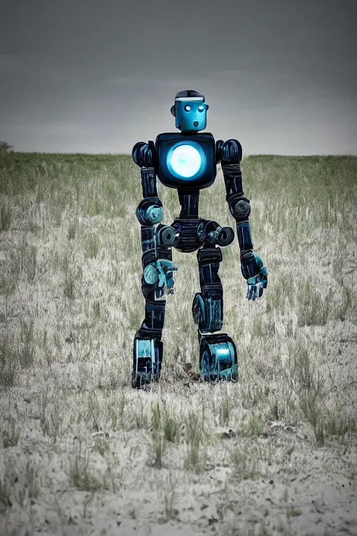 Image similar to A robot reclaimed_by vegetation in a post apocalyptic world