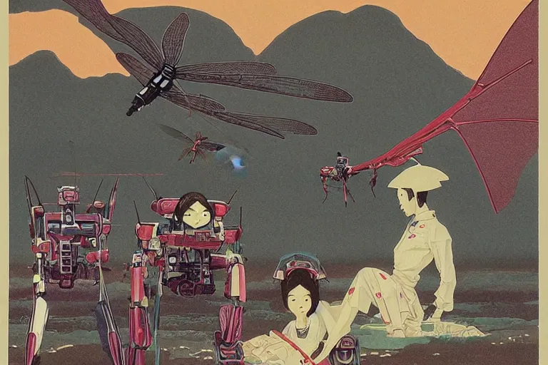 Image similar to gigantic dragonflies with human faces catch tiny robots, a lot of exotic mechas robots around, human heads everywhere, risograph by kawase hasui, dirtyrobot, edward hopper, satoshi kon and moebius, colorful flat surreal design, super - detailed, a lot of tiny details, fullshot