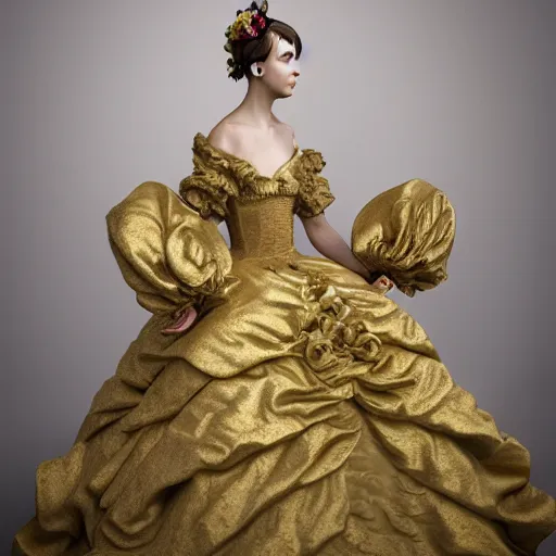 Prompt: 8k, octane render, realism, tonalism, renaissance, rococo, baroque, portrait of a young lady wearing ruffle sleeve dress with flowers and skulls looking to the side background chaotic gold leaf flowers