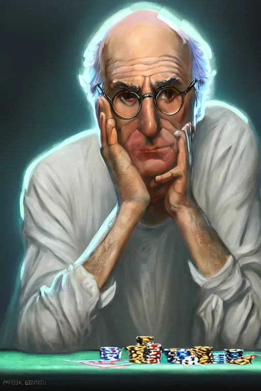 Prompt: a beautiful glass statue like of larry david playing poker, shiny reflective surfaces, transparent, luminous scene, by greg rutkowski and alphonse mucha, d & d character, gradient white to silver, in front of an iridescent background, highly detailed portrait, digital painting, artstation, concept art, smooth, sharp focus ilustration, artstation hq