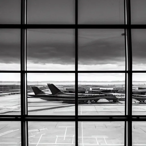 Prompt: inside of an aircraft control tower with windows looking out to an airport, black and white, comic book style, insanely detailed, very intricate, high contrast