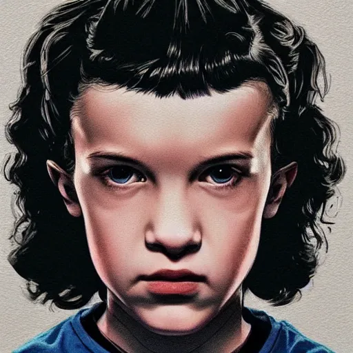 Prompt: portrait of Eleven from the stranger things by Mazzoni Marco,dark ,detailed ,flowers!!! On hair ,portrait,