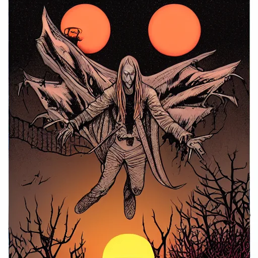 Image similar to vampire Mortiis floating in the air, sunset by Dan Mumford. Wearing leather and spikes