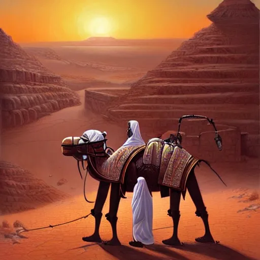 Image similar to an african moor wearing white robes pulling a robot camel through the valley of the kings, by greg rutkowski and android jones, oil on canvas, 8k, synthwave sunset