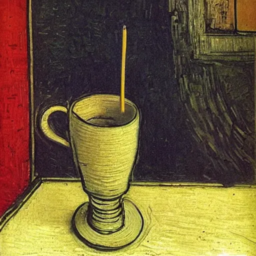 Image similar to a pencil with a broken lead, by leonardo da vinci. a cup of coffee on a table, by vincent van gogh. a painting of a cityscape, by piet mondrian.