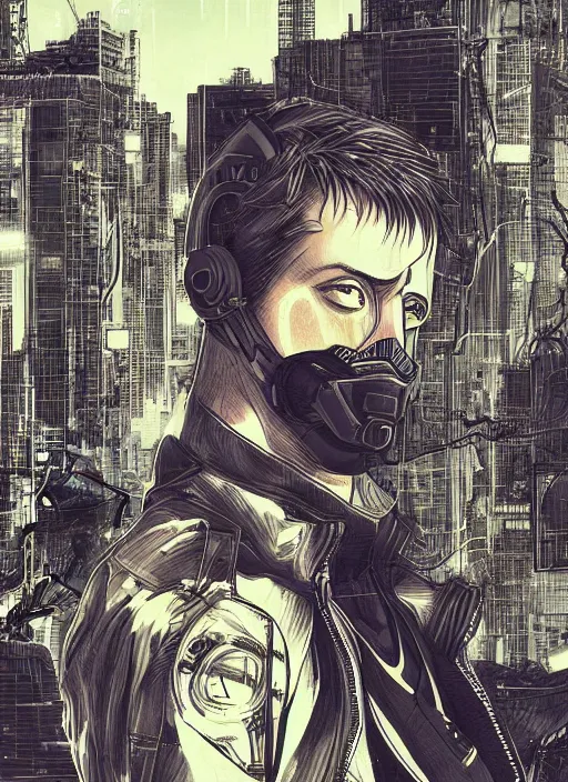 Prompt: manga cover, ryan gosling, techwear fashion, intricate cyberpunk city, emotional lighting, character illustration by tatsuki fujimoto