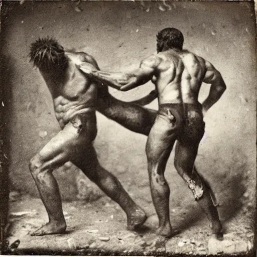 Image similar to brutal spartan men fistfighting in pit, sparta, daguerreotype photograph, ancient photograph