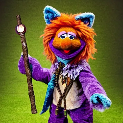 Prompt: a fox druid wizard as a fluffy muppet plush wearing a vaporwave nostalgic cloak and holding a staff made from a stick with an amethyst gemstone tied at the top with dnd dice scattered around it, photorealistic, photography, national geographic, sesame street