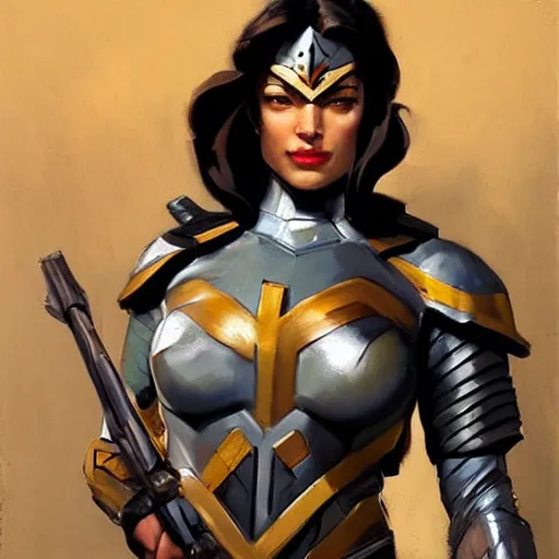 Prompt: greg manchess portrait painting of armored punisher wonderwoman as overwatch character, medium shot, asymmetrical, profile picture, organic painting, sunny day, matte painting, bold shapes, hard edges, street art, trending on artstation, by huang guangjian and gil elvgren and sachin teng