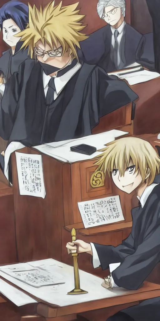 Image similar to powerful anime judge with a magic gavel, in a court room with a scale on his desk, drawn by a famous anime artist, high quality, fine lines, amazing detail