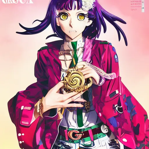 Image similar to Magazine Cover Anime key visual of a Gucci girl; official media; typography; drawn by Hirohiko Araki; Jojo's Bizarre Adventure; Jojolion, portrait, made by Stanley Artgerm Lau, WLOP, Rossdraws, James Jean, Andrei Riabovitchev, Marc Simonetti, Yoshitaka Amano, ArtStation