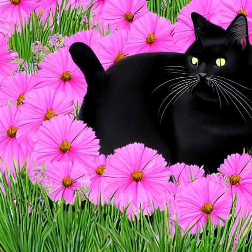 Prompt: a fat black cat with white whiskers sitting in a flower bed digital art