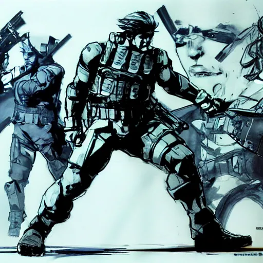 Prompt: solid snake fighting!!!!!! sam!!!!!! fisher!!!!!! by yoji shinkawa, concept art