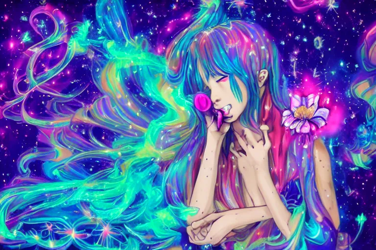 Image similar to psychedelic, full body, whimsical, anime, 4k, beautiful intimate woman blowing smoke, with professional makeup, long trippy hair, a crystal and flower dress, sitting in a reflective pool, surrounded by gems, underneath the stars, rainbow fireflies, trending on patreon, deviantart, twitter, artstation, volumetric lighting, heavy contrast, art style of Ross Tran and Viktoria Gavrilenko and Ilya Kuvshinov