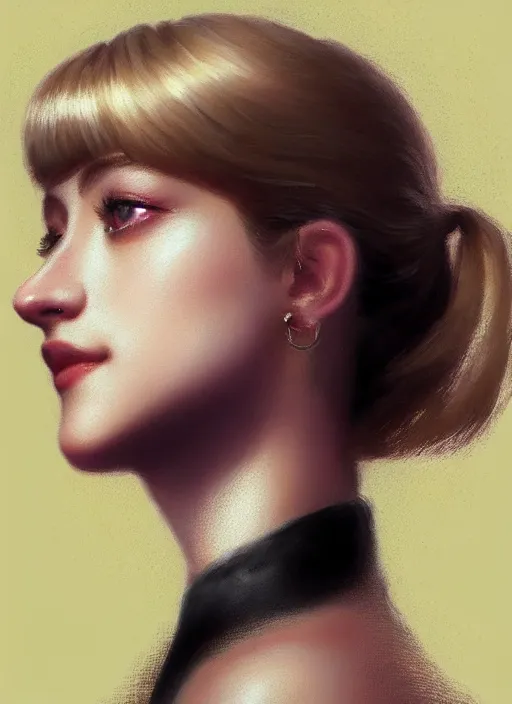 Prompt: portrait of lili reinhart with fluffy bangs, bangs, 1 9 6 0 s, ponytail, curly bangs and ponytail, rounder face, intricate, elegant, glowing lights, highly detailed, digital painting, artstation, concept art, smooth, sharp focus, illustration, art by wlop, mars ravelo and greg rutkowski