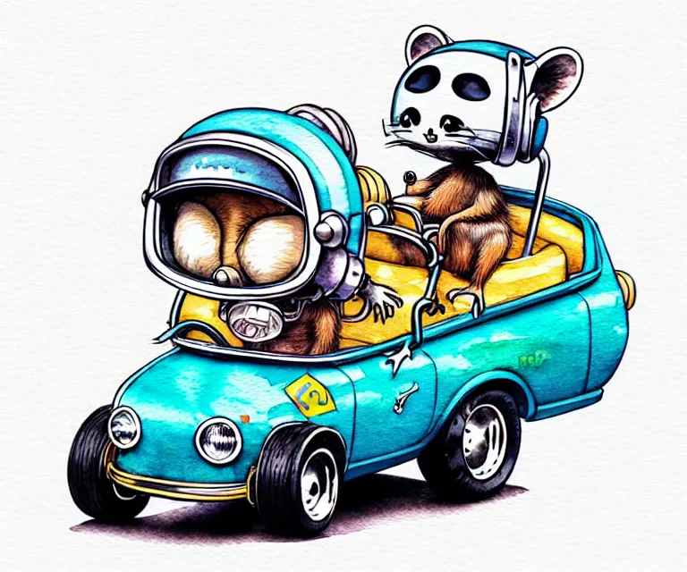 Image similar to cute and funny, racoon wearing a helmet riding in a tiny hot rod with oversized engine, ratfink style by ed roth, centered award winning watercolor pen illustration, isometric illustration by chihiro iwasaki, edited by range murata, tiny details by artgerm and watercolor girl, symmetrically isometrically centered