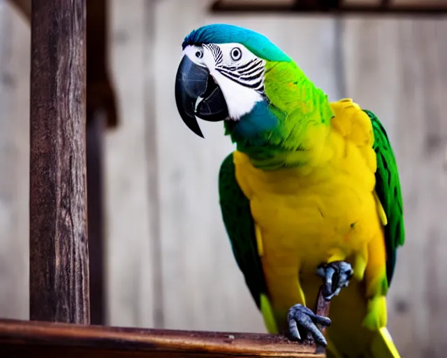 Image similar to low angle photo of a parrot on a pirate ship, rule of thirds, depth of field